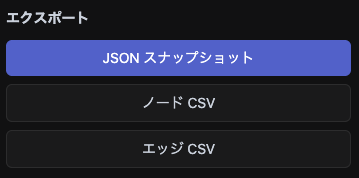 エクスポート UI：JSON スナップショット / ノード CSV / エッジ CSV のボタン